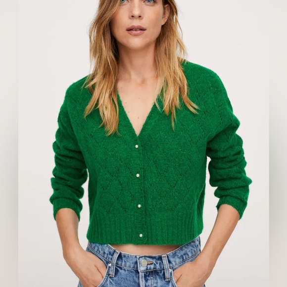 Mango Sweaters - Mango Cardigan Pearl Buttons Pointelle Cropped Knit Sweater Green Extra Small XS